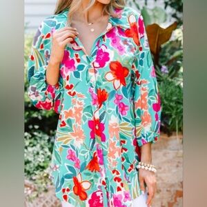 Umgee Colorful Blouse Top Floral Print Collared Button Up